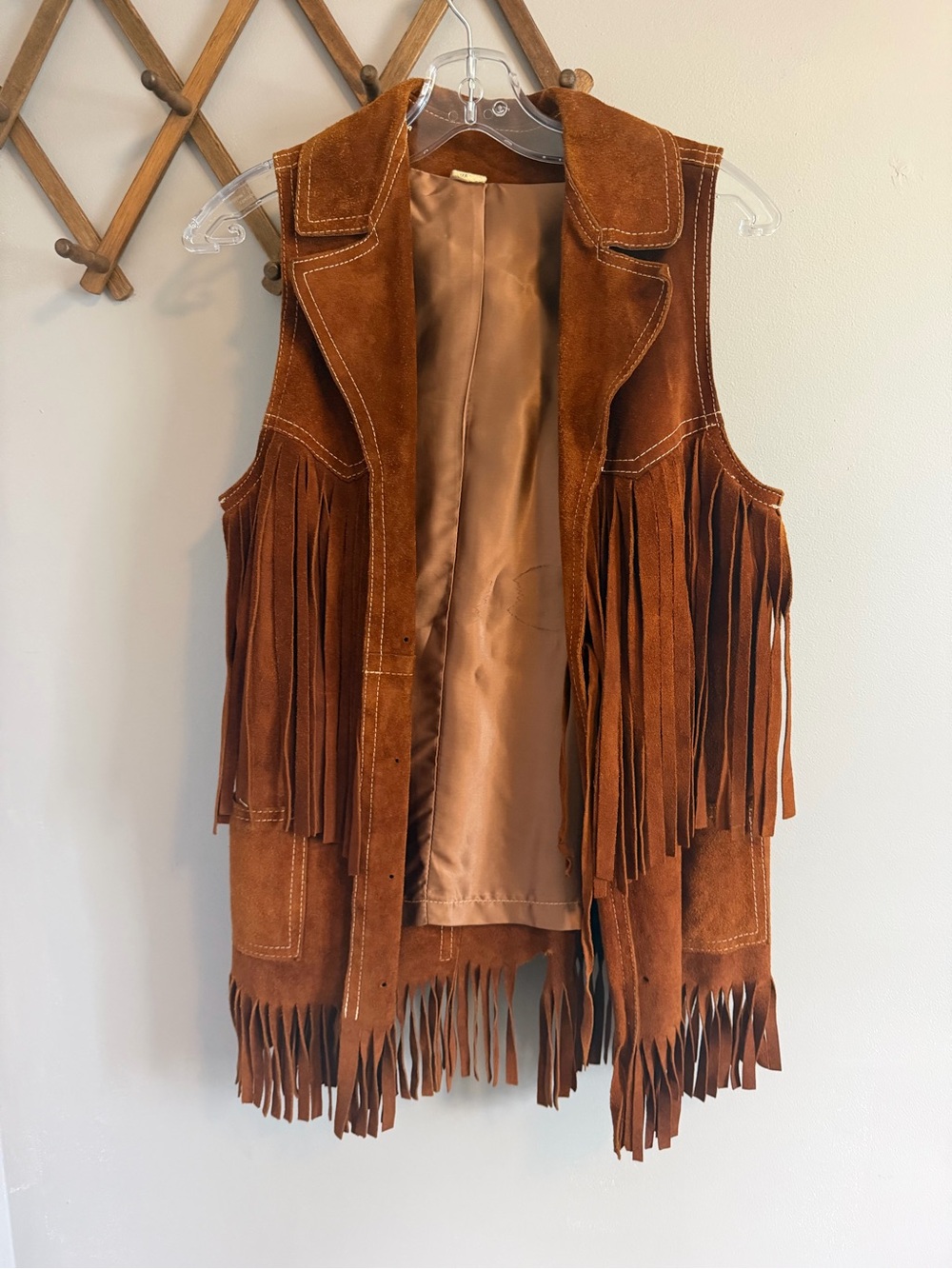 Vintage 70s Suede Leather Fringe Vest Mini Skirt Set Rust Brown XS S - Picture 2 of 13